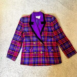 Vintage Wool Plaid Contrast Trim Blazer